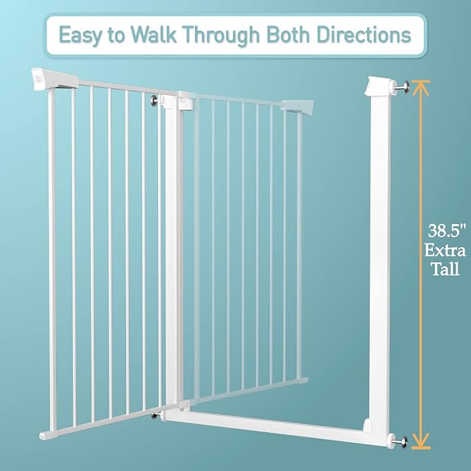 Fairy Baby 38" Extra Tall Baby Gate for Stairs Doorways, Extra Wide 54.4" to 59.8" Safety Dog Gate for House, Auto Close Pressure Mounted Easy Walk Through Pet Gate with Door, White