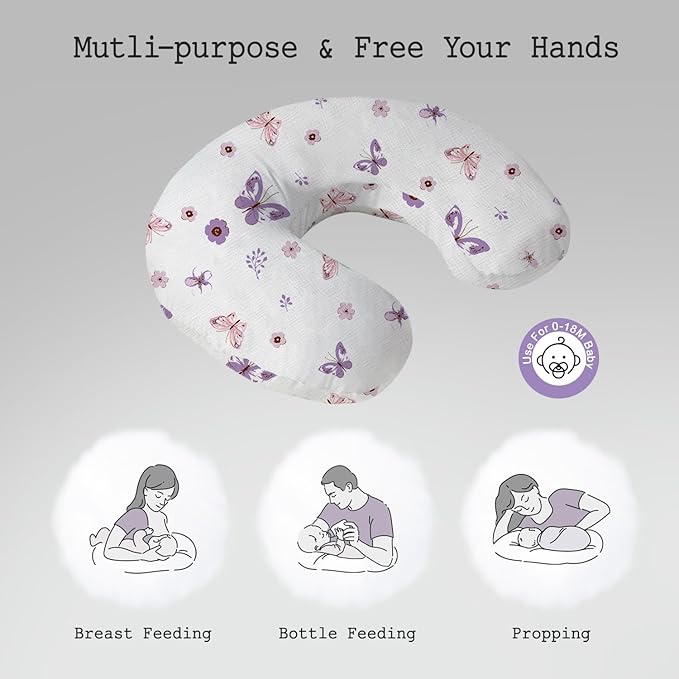 Little Grape Land Nursing Pillow, Soft 100% Cotton Breastfeeding Pillow with Breathable Muslin Removable Cover, Purple Butterfly Breast Feeding Pillows for Babies 0-12 Months with Protective Zipper