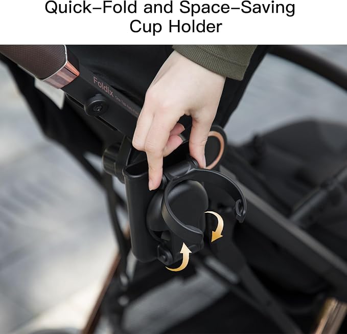 Gromast 2 in 1 Foldable Stroller Cup Holder + Phone Holder, 360°Rotatable with Adjustable Clip, Universal Cup Holder for Baby Stroller, Tricycle - Black