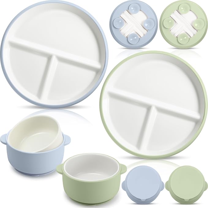 Domensi 4 Pcs Porcelain Kids Plates and Bowls Sets with Suction, 2 Ceramic Toddler Divided Plates 2 Baby Anti Slip Silicone Sleeve Bowls for Feeding Supplies Microwave Dishwasher Safe(Blue,Green)