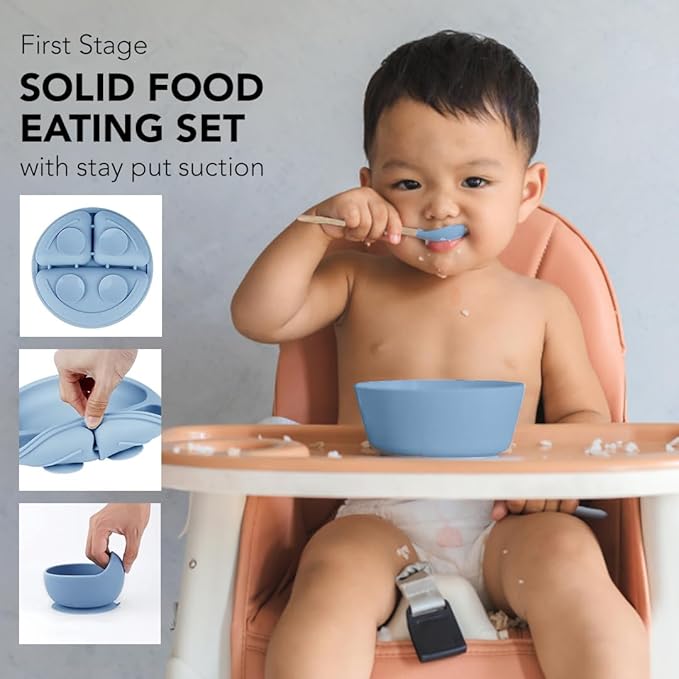Silicone Baby Feeding Set Whimsy Blue Infant Tableware Collection with Bib Suction Bowl Utensils Straw Cup Snack Container
