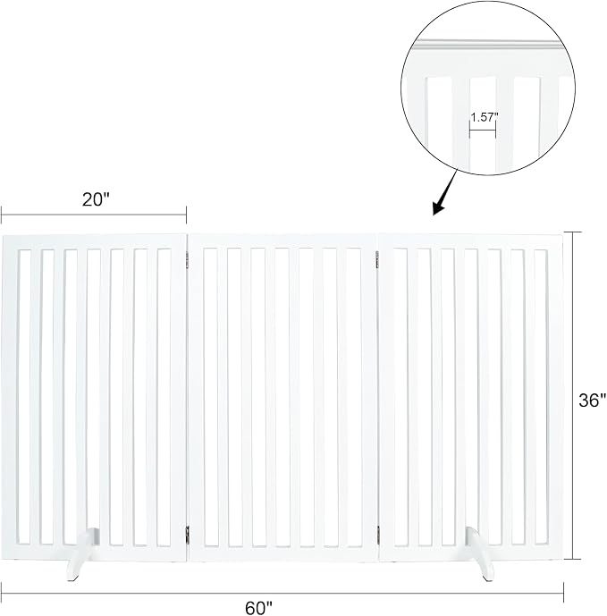3-Panel Wooden Free Standing Foldable Dog Gate, Foldable Pet Gate with 2PCS Support Feet, 36" Height Dog Fence Baby Gates for House Doorways Indoor Outdoor, White