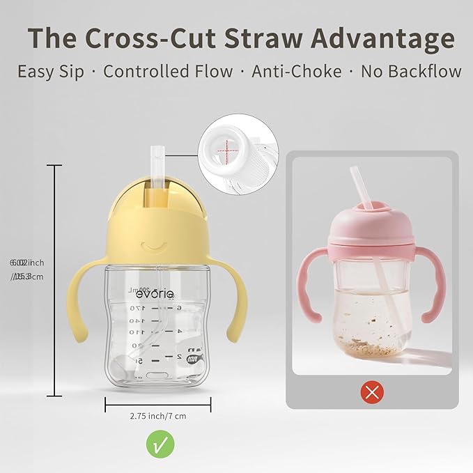 Evorie Tritan Weighted Straw Sippy Cup with Handles for Baby and Toddlers, Spill Proof Baby Water Bottle with Straw for 6 months and up, 7 Oz, Infant Training Water Bottle (Lemon Yellow)