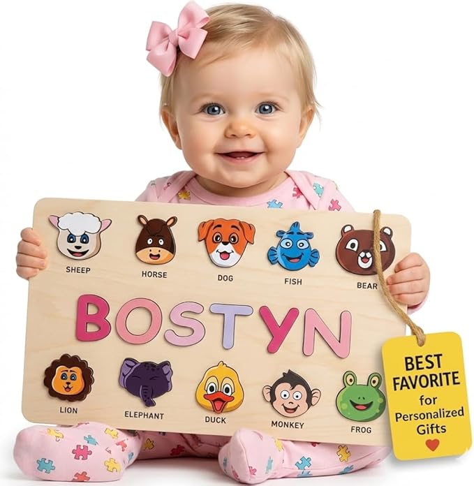 First Birthday Gifts for Girl, Personalized Baby Gifts, Wooden Puzzles for Toddlers 1-3, Animal Toys for Toddlers 1-3, Customized Baby Gift, 1-2 Year Old Toys