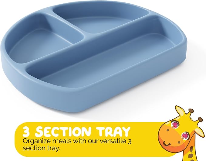 Carolina Blue Silicone Baby and Toddler Self-Eating Food Plates Set with Utensils (8 Piece Set)