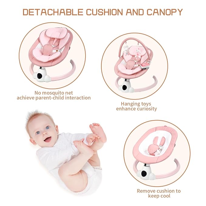 Uuoeebb Baby Swing for Infants, Portable Electric Baby Swings with Bluetooth, 5 Swing Speed, 10 Melodies, 5-Point Harness, Remote Control & Touch Panel - Infant Swing for Indoor & Outdoor Use, Pink