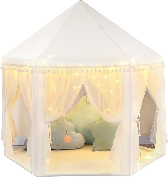 Monobeach White Princess Tent Girls Tassel Decor Large Playhouse Kids Castle Play Tent with Star Lights Toy for Children Indoor and Outdoor Games, 55'' x 53'' (White Princess Tent with Tassel)