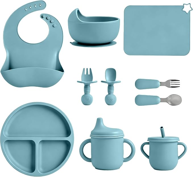 Silicone Baby Feeding Set 10 Pcs, Baby feeding essentials with Suction Plate, Bowl, Bib, Placemat, Silicone spoon&forks, Stainless Spoons&forks, straw cup and sippy cup (Blue)