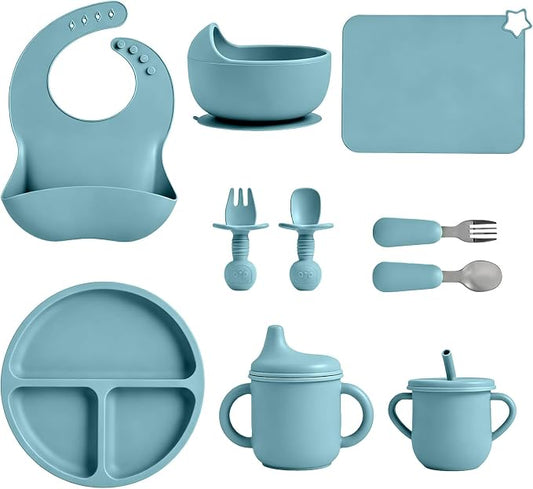 Silicone Baby Feeding Set 10 Pcs, Baby feeding essentials with Suction Plate, Bowl, Bib, Placemat, Silicone spoon&forks, Stainless Spoons&forks, straw cup and sippy cup (Blue)