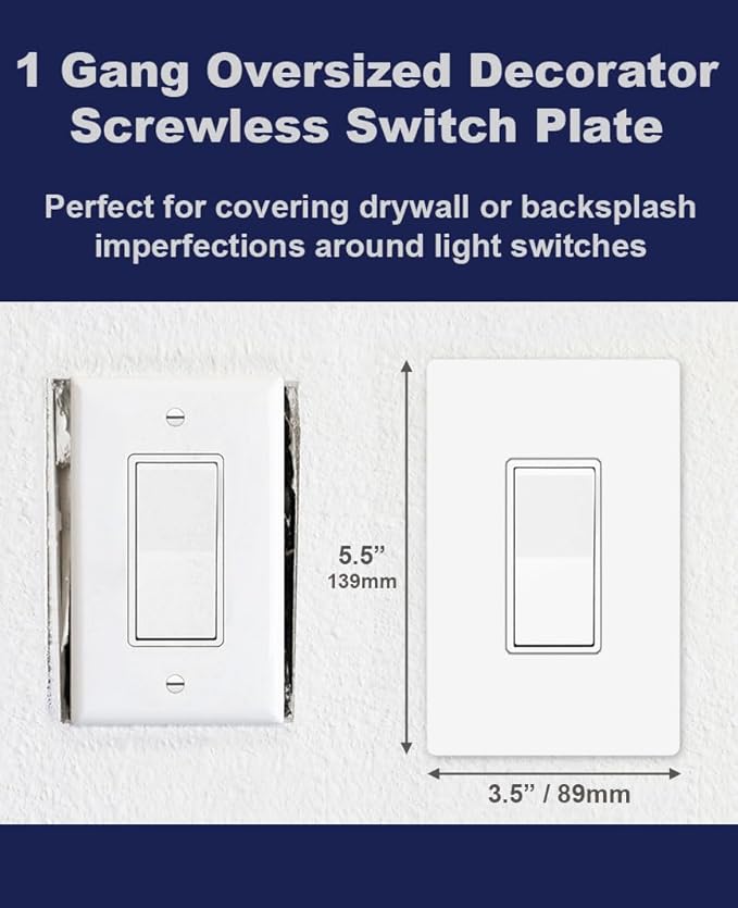 Art Plates - OVERSIZED Screwless Switch Plate - 5.5" x 3.5" - Jumbo 1 Gang Decorator GFCI Style - Unbreakable Polycarbonate - One Gang Screwless Light Switch Cover Plate - Glossy White (5 Pack)