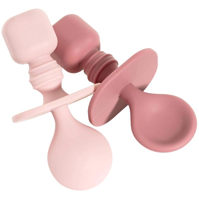 Silicone Baby Spoons for Baby Led Weaning 2-Pack, First Stage Baby Feeding Spoon Set Gum Friendly BPA Lead Phthalate and Plastic Free, Pink