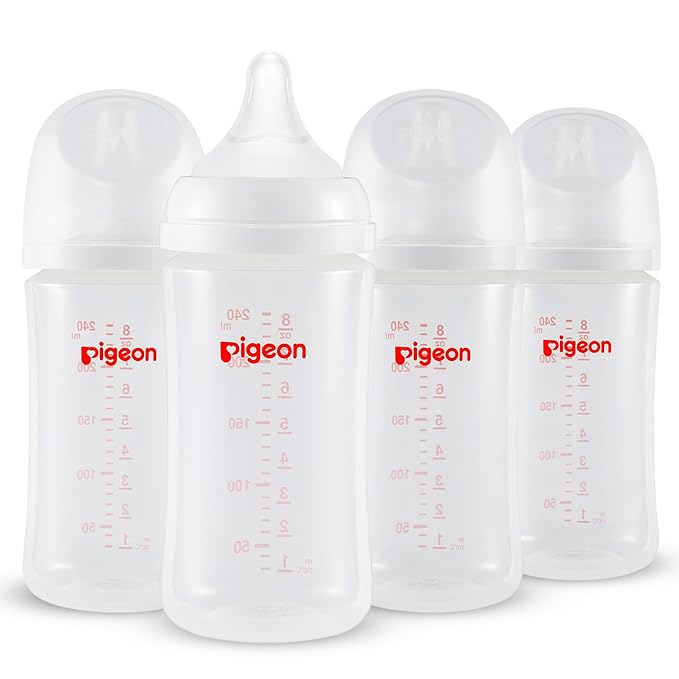 Pigeon PP Nursing Bottle Wide Neck, Anti-Colic, Streamlined Body, Natural Feel, Easy to Clean, 8.1 Oz(Pack of 4), Includes 4pcs M Nipples (3m+)