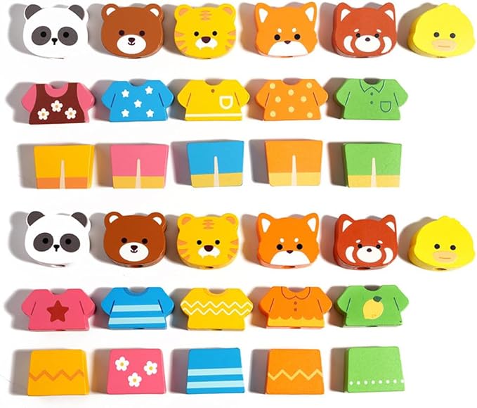 Wooden Animal Dress Up Peg Stacking Toy, Mix & Match Outfit Matching Game with Guide Cards