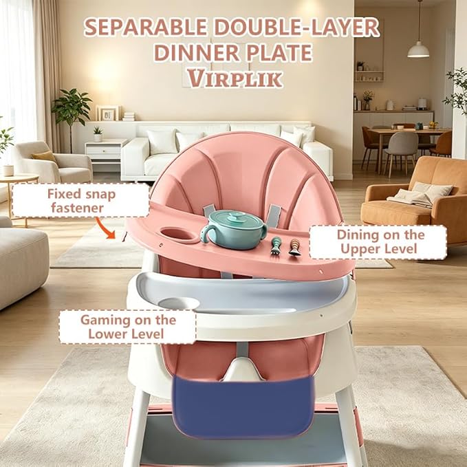 Foldable 4-in-1 Baby High Chair for Babies & Toddlers, High Chair with Detachable PU Cushion, Removable Tray, Adjustable Height, Locking Wheels,Pink