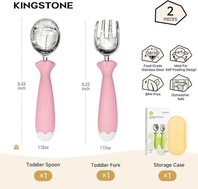 KINGSTONE Toddler Utensils with Case, Kids Silverware Set with Silicone Handles, 18/10 Stainless Steel Children Safe Forks and Spoons, Travel Carrying Cases BPA Free, Dishwasher Safe (pink)