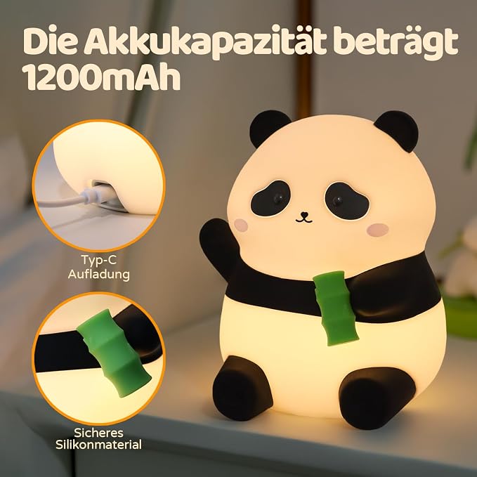Rytinazzz Silicone Night Light for Kids, 50H Long Battery Panda Lamp, Gift for Kids, Soft Dimmable Bedside Light, Rechargeable Tap Control