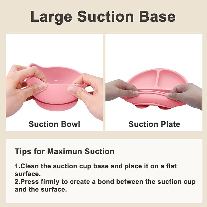 Silicone Baby Feeding Set | Baby Led Weaning Supplies Includes Suction Bowls and Divided Plates, Adjustable Bib, Baby Utensils Spoons and Forks,Cup | Baby Feeding Essentials (Pink)