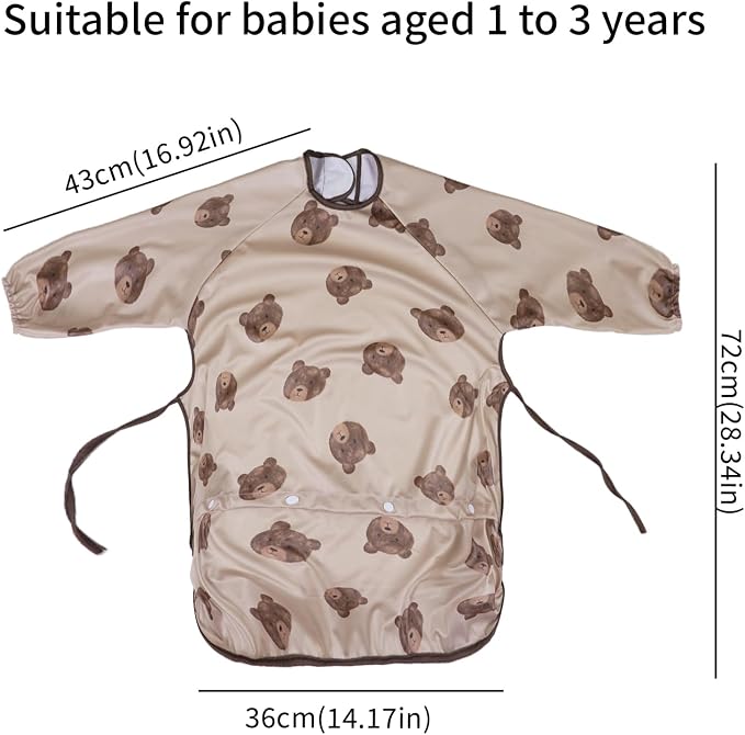 2-Pack Long Sleeve Baby Bib,Coverall Baby Bibs for Eating,Waterproof,Attaches to Highchair&Table,Ages 1 to 3 Years