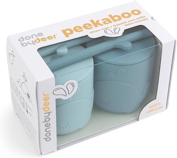 Done by Deer Peekaboo Straw Cup 2-Pack Wally Blue – Toddler Cups with Straws – Spill-Proof, Easy-Grip, Shatterproof Silicone