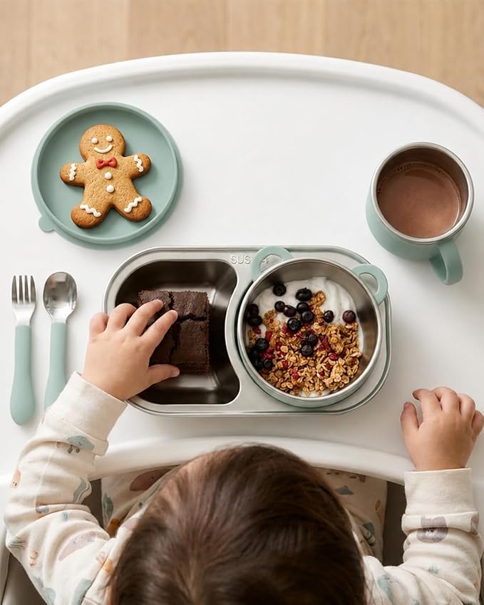 Bakpoco Toddler Plates and Bowls Set Stainless Steel Feeding Set with Suction, Detachable Baby Bowls, Kids Plates, Cup & Utensils, Baby Feeding Essentials for Self Feeding, Dinnerware Set, Sage