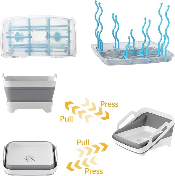 Collapsible Wash Basin with Drying Rack for Baby Bottle，2.4 Gallon Dish Basin with Portable Baby Bottle Drying Rack for Kitchen & Travel & Camping