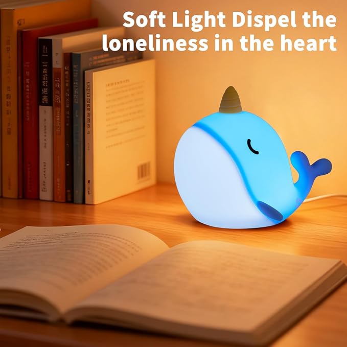 Narwhal Night Light, USB-C Rechargeable Silicone Lamp with Tap Control, 3-Level Dimming & 30-Min Auto Timer, 7-Color Changing Squishy Nursery Light, Birthday Gift for Kids