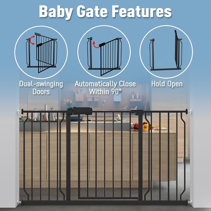ALLAIBB Extra Wide Pressure Mount Baby Gate Auto Close Black Metal Child Dog Pet Safety Gates with Walk Through for Stairs,Doorways,Kitchen and Living Room (52.76-62.2"/134-158cm)