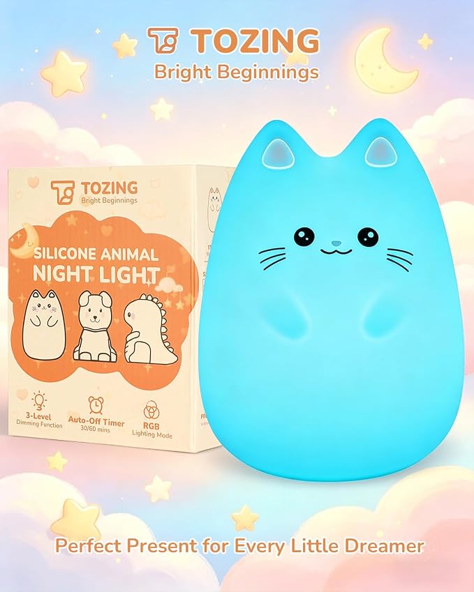 Night Light for Kids, LED Cat Squishy Animal Lamp for Baby, Soft Silicone Dimmable Bedside Touch Light with Timer, Battery Rechargeable Nightlight Girls Gifts Cute Room Decor