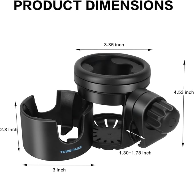 Universal Stroller Cup Holder, 360° Rotation cupholder for Stroller, 2-in-1 Prams Cup Holder with Mega Strength Adjustable Clamp, Fits Most Cups