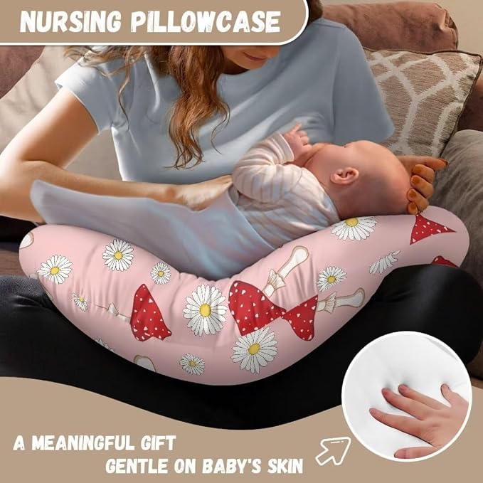 Mushroom Daisy Nursing Pillow Cover Stain Resistant Breastfeeding Pillow Slipcover Lightweight Pillow Cover for Nursery