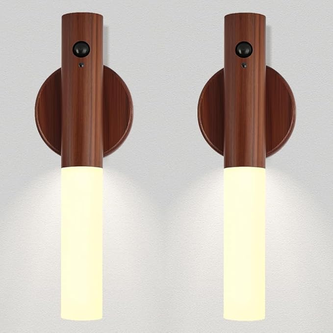 LANDGOO 2-Pack Magnetic Night Light with Motion Sensor, Walnut Wood Cylindrical Rechargeable LED Lamp Set, White Light Only, Portable Bedside Lights for Bedroom Nursery