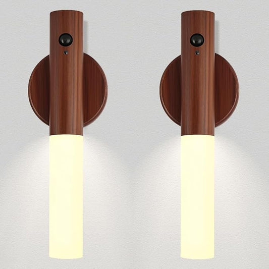 LANDGOO 2-Pack Magnetic Night Light with Motion Sensor, Walnut Wood Cylindrical Rechargeable LED Lamp Set, White Light Only, Portable Bedside Lights for Bedroom Nursery