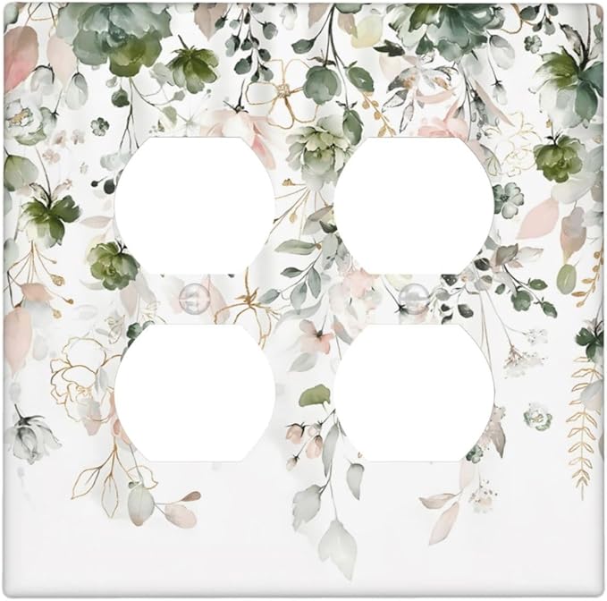 Green Pink Floral Flower Rustic Eucalyptus Leaves Wildflower Outlet Covers 2 Gang Double Duplex Decorative Light Switch Covers Electrical Wallplates Socket Faceplate for Bedroom Living Room Decor