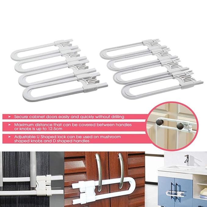 Abaodam 4-Pack Childproof Cabinet Locks Babyproof Drawer Locks for Toddler Safety for Kitchen Cupboard U-Shaped Sliding Latches Easy Installation