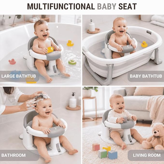 Baby Bath Seat for Babies 6-24 Months, Non Slip Infant Bath Seat with 4 Suction Cups, BPA Free Baby Bathtub Seat, Secure Bath Support Chair for Sit Up Babies, Grey