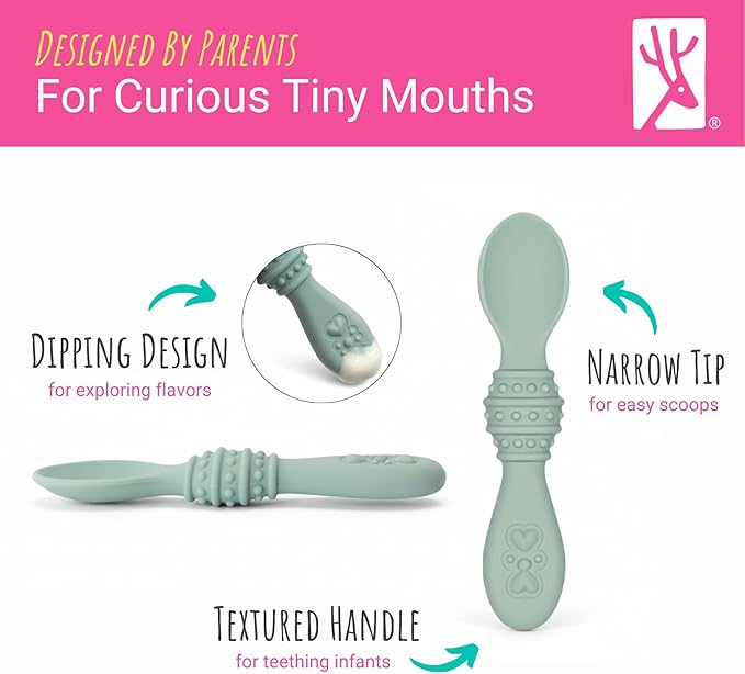 Elk and Friends Silicone Baby Spoons | Travel Case Included | First Stage Infant Toddler Spoon | Baby Led Weaning Stage | Dishwasher Safe