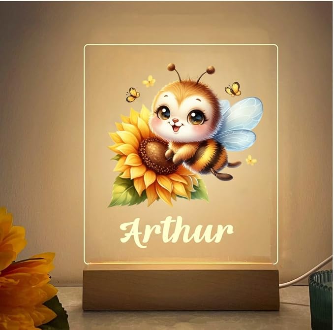 Custom Name Baby Night Light, Adorable Animal Pattern LED Nursery Lamp, Thoughtful Personalized Gift for Newborn Boy & Girl, Acrylic Bedside Decor (Bee)