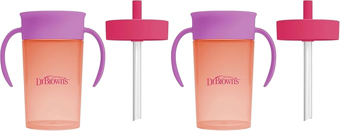 Dr. Brown's Milestones Straw to 360 Convertible Toddler Training Cup Set with Interchangeable Silicone Straw and 360 Degree Cup Lids, Pink Coral, 10 oz/300 mL, BPA-Free, 9m+, 2-Pack