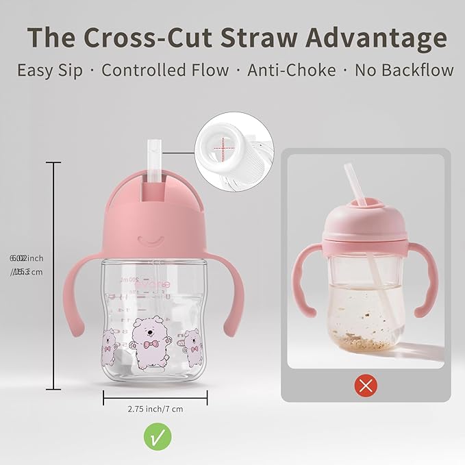 Evorie Tritan Weighted Straw Sippy Cup with Handles for Baby and Toddlers, Spill Proof Baby Water Bottle with Straw for 6 months and up, 7 Oz, Infant Training Water Bottle (Puppy Pink)