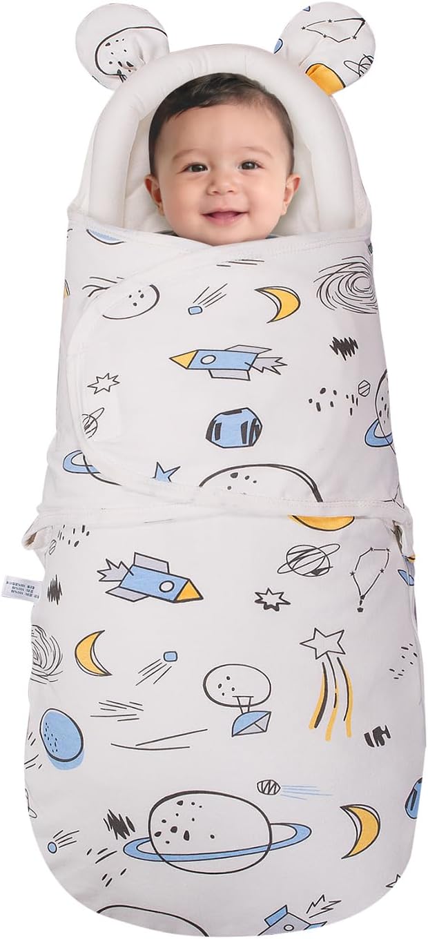 Baby Swaddle Blanket with Bear Ears, Soft Breathable Newborn Wrap for 0-6 Months, Cute Animal Design Receiving Blanket, All-Season Nursery Gift, Outer Space Rocket Print