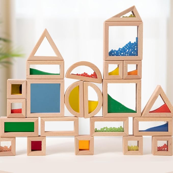 23 PCS Rainbow Sensory Wooden Building Blocks for Toddlers, Colorful Geometric Stacking Toys with Beads, Sand & Mirror Blocks, Montessori STEM Learning Toy Gift for Kids