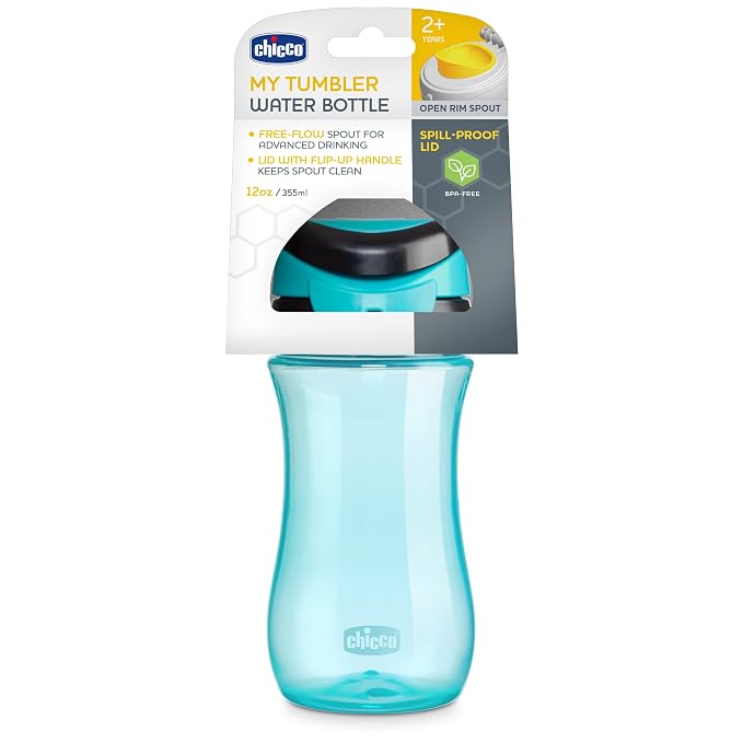 Chicco My Tumbler Open Rim Water Bottle with Free-Flow Spout 12oz. Spill Proof when Lid is Closed Flip-Up Carry Handle Top-Rack Dishwasher Safe Easy to Hold Toddler Cup Teal 2+ Years (Pack of 6)