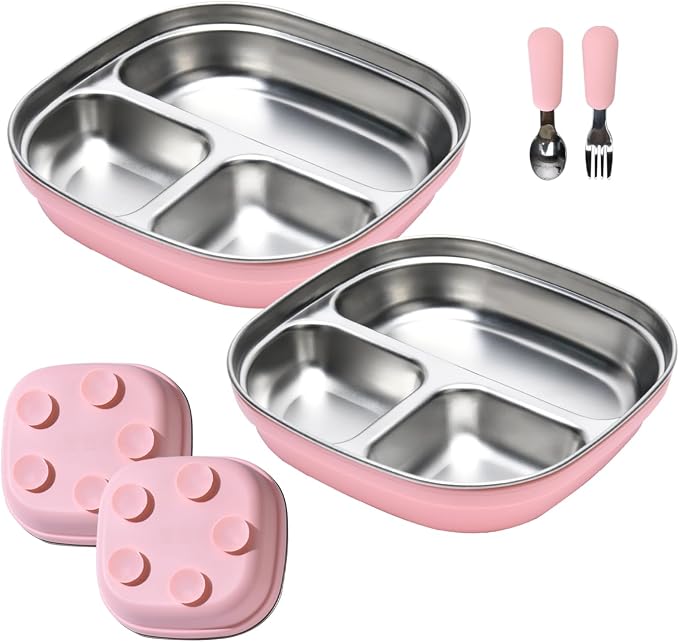 2 Pack Stainless Steel Kids Plates with Suction | 7.68" Spill-Proof High-Rim | 2 Spoons & Removable Sleeves | Microwave/Dishwasher Safe | BPA-Free, Non-Slip, Unbreakable Toddler Plates (Pink)