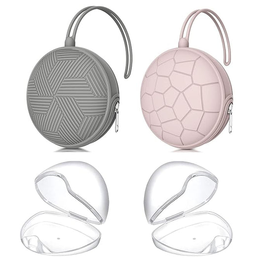 Smlpuame 4 Pack Pacifier Holder Case Set,2 Silicone Portable Pacifier Cover Pouch Bag for Diaper Bags Baby Carriage with 2 Transparent Pacifier Storage Container Box,Easy to Clean,(Pink & Grey)