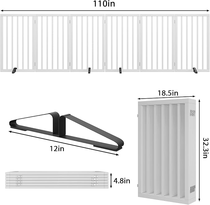 Dog Gate 32" Tall Freestanding Dog Gate for Doorways Foldable Pet Gate for Dogs Indoor (White,6 Panel)