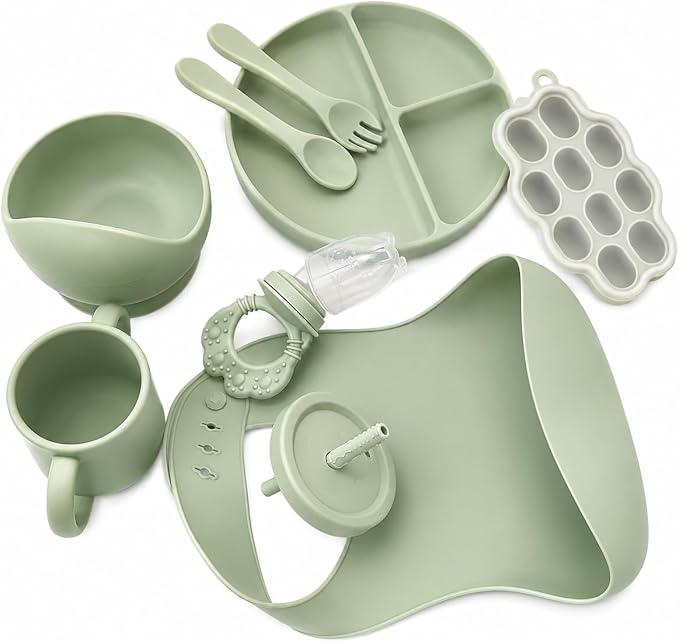 8 PCS Baby Feeding Set - Suction Plate, Bowl, Bib, Spoon, Fork, Fruit Feeder & Food Freezer Tray for Babies.