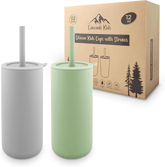 Silicone Kids Smoothie Cups with Straws and Lids, (2 Pack), Non Plastic, BPA-Free, Unbreakable, Smell Proof, for Kids and Toddlers 3-5 years, 12oz Sage Green, Stone Grey