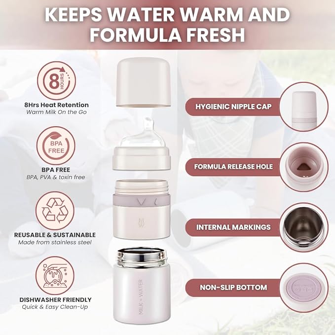 MILK & WATER All in One Baby Bottle & Baby Formula Dispenser On the Go, 5oz - Keeps Water Warm & Formula Fresh - Baby Formula Mixing Bottle with Anti Colic Nipple - Leak-Proof - 3+ Months (Pink)
