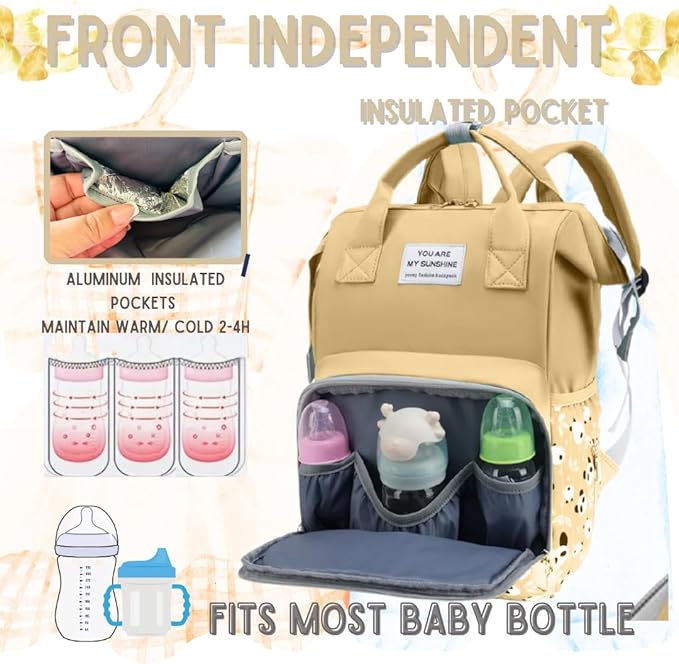 Small Diaper Bag Backpack - Pañaleras para Bebe - Toddler Diaper Bag, New Born Baby Essentials Must Haves, Cute Diaper Bag with Insulated Pockets & Stroller Straps. Yellow