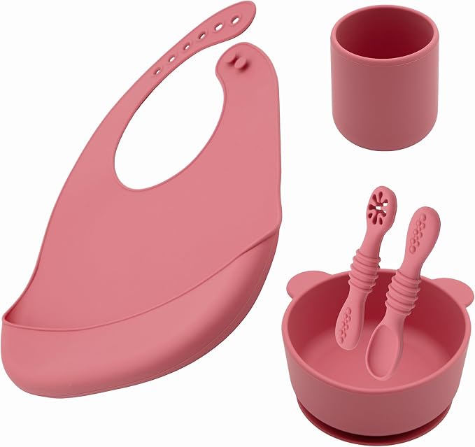 BabyX Silicone Baby Starter Kit, 5 Pieces First Feeding Set, Including Training Spoon, Fork, Cup, Bib and Bear Shaped Bowl (Pink), BPA-Free, Baby Utensils Supplies, Microwave/Dishwasher Safe